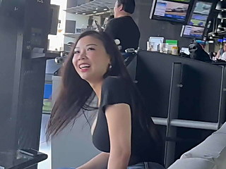 Asain Hot Girl with big tits stating at my bulge in public