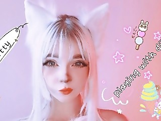 Cat girl fucks her pussy two dildo