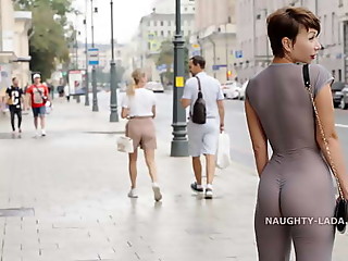 Naughty Lada wear see-through outfit in the city.