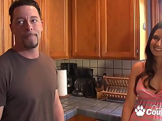 Slutty cougar fucks her husband and his friend