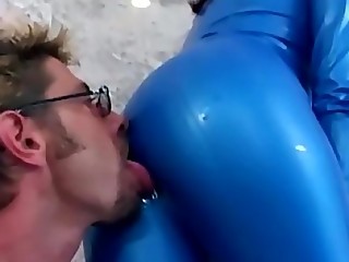 Brunette gives drooling blowjob in boots and latex